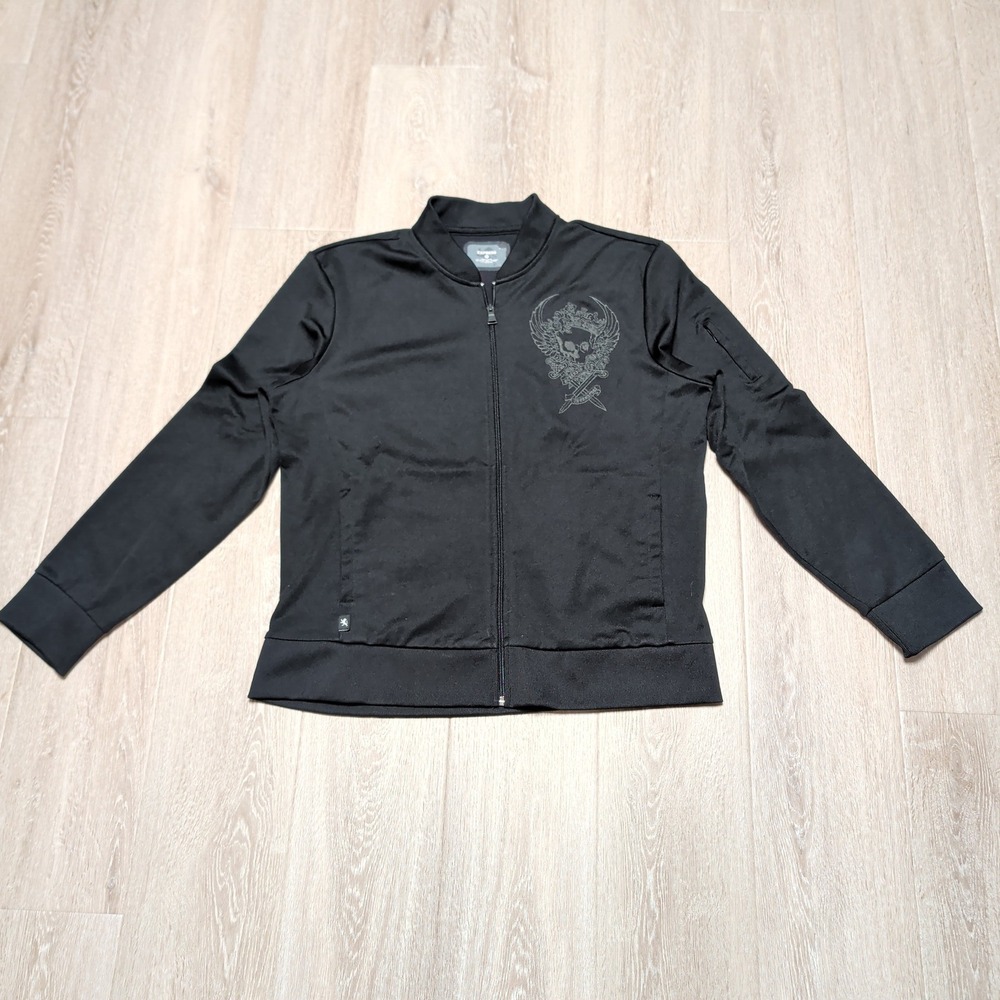 Express Mens Black‎ Skull Graphic Full Zip Track Jacket Bomber XL Gothic Biker